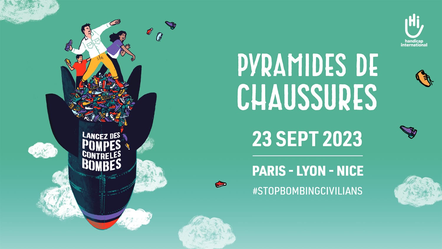 HI organise des Pyramides de chaussures pour dire stop aux bombardements de civils